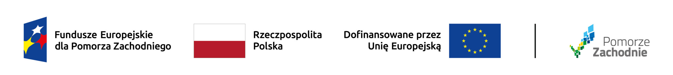 Fundusze Europejskie dla Pomorza Zachodniego, Barwy Rzeczypospolitej Polskiej, logo Unii Europejskiej z dopiskiem Dofinansowane przez Unię Europejską, pionowa czarna linia oddzielająca, logo województwa Zachodniopomorskiego z dopiskiem Pomorze Zachodnie